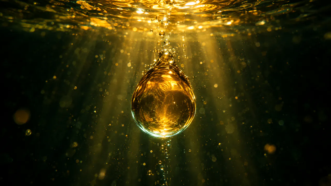Beneath the surface of glowing amber liquid, light rays falling through rising bubbles.
