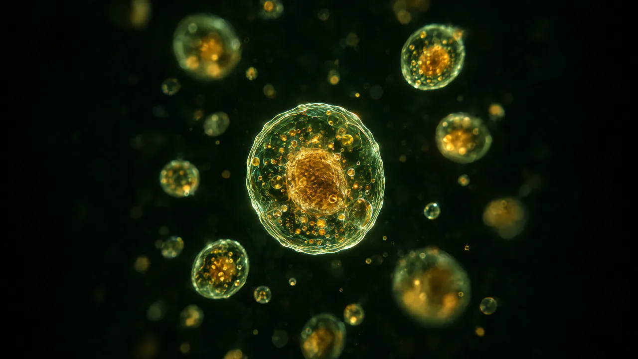Luminous cells with glowing golden cores floating in dark fluid.