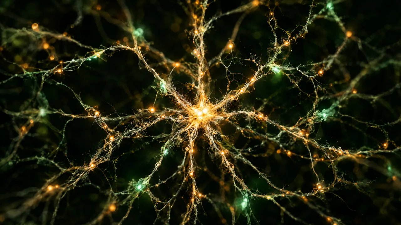 A glowing network of golden threads converging on a bright centre.