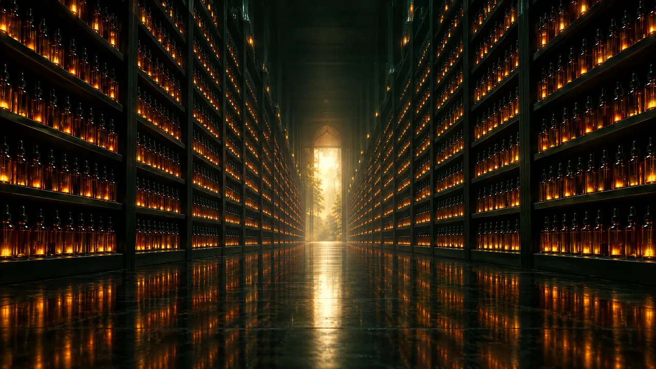 An endless corridor of shelves holding thousands of glowing amber bottles.